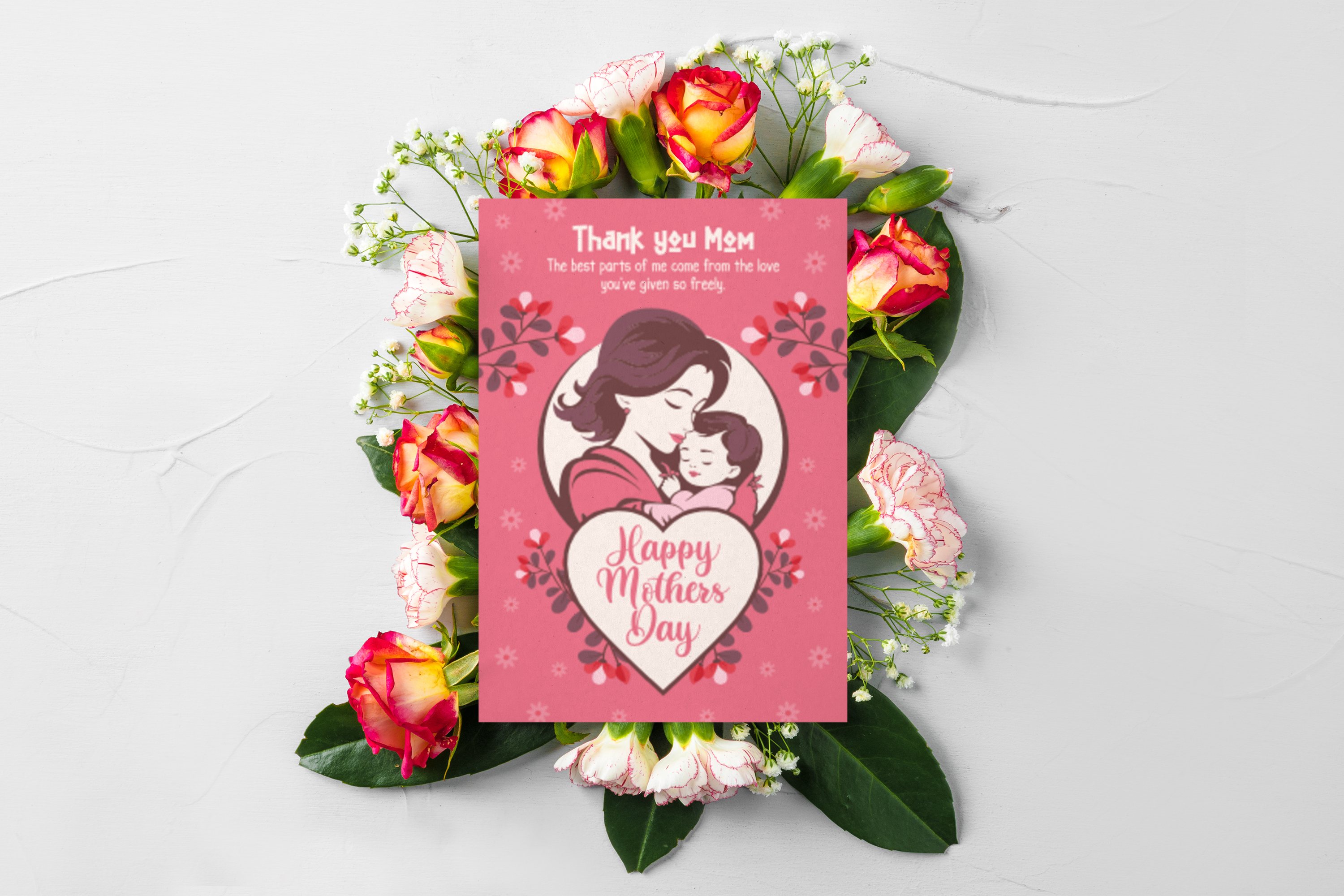 Mother's Day Greeting Card — "Thank You Mom" Pink Floral Note (Single or Bulk Pack)